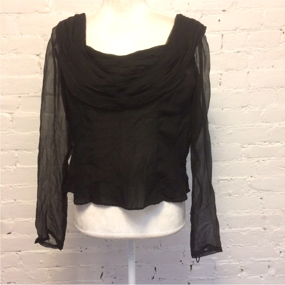 Balmain vintage 60s ruched silk blouse wide neck sheer black m